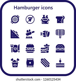 Vector icons pack of 16 filled hamburger icons. Simple modern icons about  - Grill, No fast food, Food, Sandwich, Fry, Salami, Burger, Fast food, Fried chicken, Snack, Hotdog