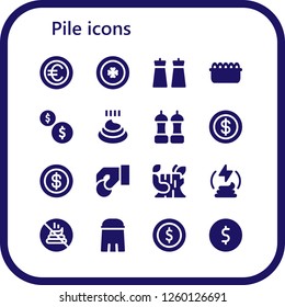 Vector icons pack of 16 filled pile icons. Simple modern icons about  - Coin, Salt, Sand, Coins, Poo, Log, Manure, No poop