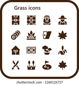 Vector Icons Pack Of 16 Filled Grass Icons. Simple Modern Icons About  - Football Field, Moai, Gardener, Bale, Grass, Shear, Marijuana, Garden, Hockey Pitch, Bonsai, Bulrush, Shears