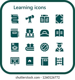 Vector icons pack of 16 filled learning icons. Simple modern icons about  - Books, Telescope, Learn, Book, Dictionary, Learning, Cap, Graduation, Diploma, Abacus