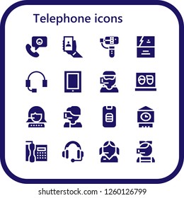 Vector icons pack of 16 filled telephone icons. Simple modern icons about  - Phone call, Selfie, Business card, Headset, Phone, Call center, Laptop, Smartphone, Big ben, Telephone