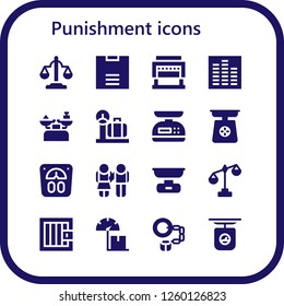 Vector icons pack of 16 filled punishment icons. Simple modern icons about  - Equality, Scale, Guillotine, Equalizer, Jail, Handcuffs