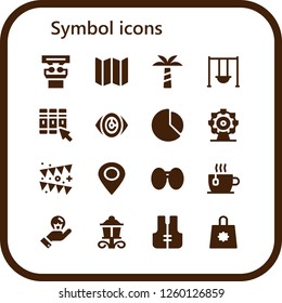 Vector icons pack of 16 filled symbol icons. Simple modern icons about  - Presentation, Map, Palm tree, Swing, Library, Vision, Chart, Ferris wheel, Garland, Placeholder, Sunglasses
