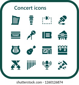 Vector icons pack of 16 filled concert icons. Simple modern icons about  - Harp, Microphone, Coupon, Ticket, Piano, Guitar, Music store, Stage, Spotlight, Flute, Trumpet