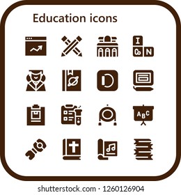 Vector icons pack of 16 filled education icons. Simple modern icons about  - Analytics, Pencil, Museum, Periodic table, Graduation, Book, Apple, Signature, Notepad, Science, Toy