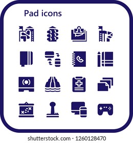 Vector icons pack of 16 filled pad icons. Simple modern icons about  - Slide, Note, Notebook, Responsive, Phone book, Touch screen, Medical report, Paper, Boarding, Joystick, Games