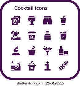 Vector icons pack of 16 filled cocktail icons. Simple modern icons about  - Toast, Brandy, Swimsuit, Soda, Vacation, Tea, Mojito, Birthday, Champagne, Martini, Whiskey, Beach