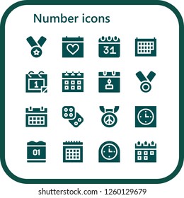 Vector icons pack of 16 filled number icons. Simple modern icons about  - Medal, Calendar, Dice, Clock