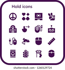 Vector icons pack of 16 filled hold icons. Simple modern icons about  - Peace, Poker, Touch screen, Casino, Swipe right, Mouse, Remote control, Finger, Online gambling, Slide