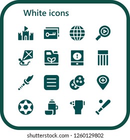 Vector icons pack of 16 filled white icons. Simple modern icons about  - Sand castle, Key, Earth globe, Multimedia, Kite, Gasoline, Event, Float, Weapon, Menu, Cookie, Placeholder
