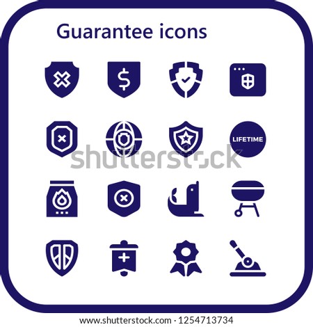 Vector icons pack of 16 filled guarantee icons. Simple modern icons about  - Shield, Protection, Antivirus, Lifetime, Charcoal, Seal, Banner, Quality, Control