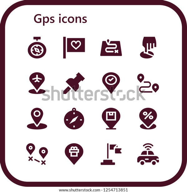 Vector icons pack of 16\
filled gps icons. Simple modern icons about  - Compass, Flag,\
Route, Position, Placeholder, Pin, Track, Location, Destination,\
Autonomous car
