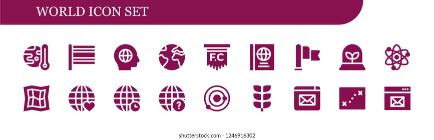 Paquete de iconos vectoriales de 18 íconos rellenos del mundo. Sencillos iconos modernos sobre - Calentamiento global, Bandera, Global, Tierra, Pasaportes, Planta, Sistema Solar, Mapa, Reja de la Tierra, Mundo, Tierra globo
