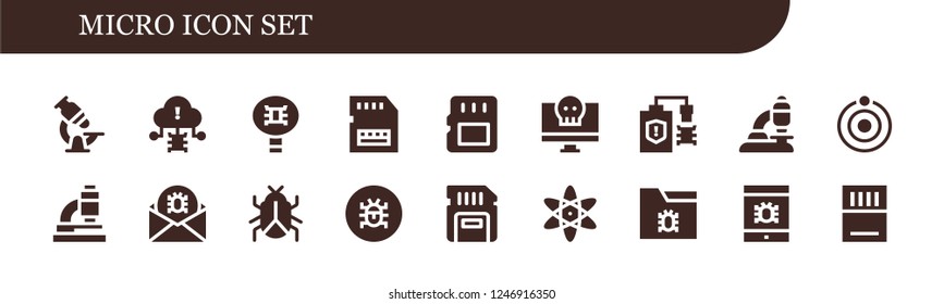 Vector icons pack of 18 filled micro icons. Simple modern icons about  - Microscope, Virus, Sd card, Memory card, Atom, Atomic