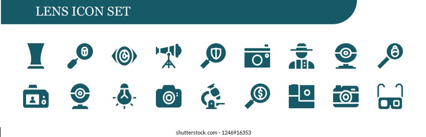 Vector icons pack of 18 filled lens icons. Simple modern icons about  - Glass, Loupe, Vision, Telescope, Search, Camera, Detective, Webcam, Tungsten, Photo camera, Microscope