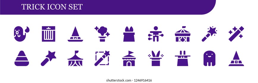 Vector icons pack of 18 filled trick icons. Simple modern icons about  - Ghost, Treats, Witch, Magic, Voodoo doll, Circus, Magic wand, Wand, Candy corn, Magic hat