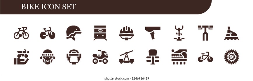 Vector icons pack of 18 filled bike icons. Simple modern icons about  - Bicycle, Bike, Helmet, Train, Saddle, Stationary bike, Handlebar, Jet ski, Motorbike, Hipster, Quad, Exercise