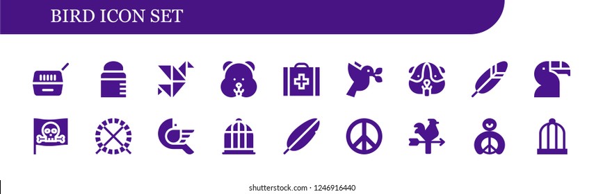 Vector icons pack of 18 filled bird icons. Simple modern icons about  - Pet, Feeder, Origami, Hamster, Veterinary, Dove, Feather, Toucan, Pirate, Hamster ball, Bird, Bird cage
