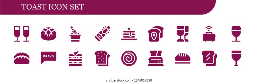 Vector icons pack of 18 filled toast icons. Simple modern icons about  - Champagne, Bread, Pancakes, Toast, Toaster, Bravo, Waffle, Cinnamon roll