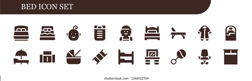 Vector icons pack of 18 filled bed icons. Simple modern icons about  - Bed, Baby, Sleeping bag, Checker, Stretcher, Pijama, Sunbed, Sofa, Cradle, Bunk bed, Vanity, Rattle, Desk chair