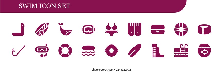 Vector icons pack of 18 filled swim icons. Simple modern icons about  - Duck, Surfboard, Whale, Diving mask, Bikini, Flippers, Float, Lifesaver, Pool, Snorkel, Lifeguard, Surf
