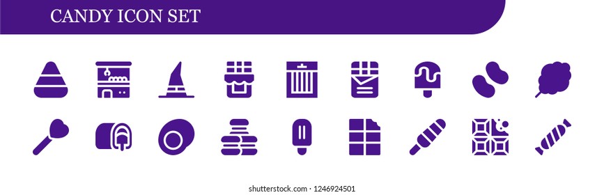 Vector icons pack of 18 filled candy icons. Simple modern icons about  - Candy corn, Claw machine, Witch, Chocolate, Treats, Popsicle, Candy, Cotton candy, Lollipop, Snack cake