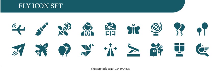 Vector icons pack of 18 filled fly icons. Simple modern icons about  - Aeroplane, Broomstick, Bee, Stewardess, Earth, Moth, Globe, Balloon, Balloons, Paper plane, Plane, Origami