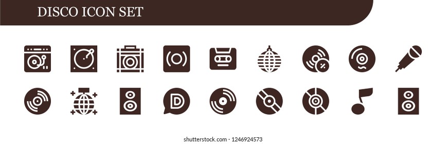 Vector icons pack of 18 filled disco icons. Simple modern icons about  - Turntable, Amplifier, Record, Cassette, Mirror ball, Vynil, Vinyl, Karaoke, Subwoofer, Disqus, Musical note