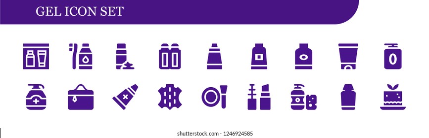 Vector icons pack of 18 filled gel icons. Simple modern icons about  - Gel, Tooth Brush, Foam, Suppositories, Ointment, Toothpaste, Shampoo, Cosmetics, Skin, Make up, Mousse