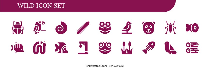 Vector icons pack of 18 filled wild icons. Simple modern icons about  - Fleas, Parrot, Fossil, Centipede, Frog, Bird, Panda bear, Insect, Fish, Snake, Gallow, Reed, Woods