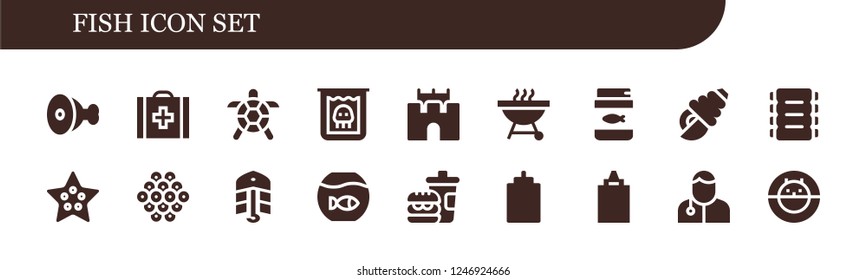 Vector icons pack of 18 filled fish icons. Simple modern icons about  - Meat, Veterinary, Turtle, Creature, Sand castle, Barbecue, Fish food, Seashell, Ribs, Starfish, Caviar