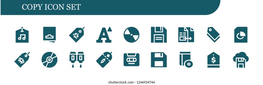 Vector icons pack of 18 filled copy icons. Simple modern icons about  - Label, Flyer, Tag, Font, Compact disc, Diskette, Document, Cartridge, Price label, Cassette, Cd