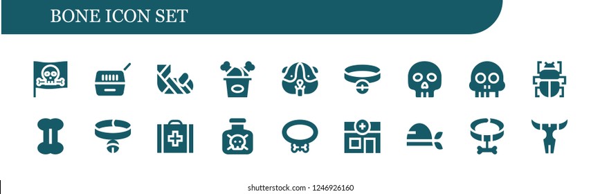 Vector icons pack of 18 filled bone icons. Simple modern icons about  - Pirate, Pet, Plastered arm, Fried chicken, Hamster, Collar, Yorick, Skull, Fleas, Bone, Veterinary, Toxic