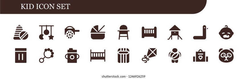Vector icons pack of 18 filled kid icons. Simple modern icons about  - Toys, Crib toy, Carriage, Cradle, Baby chair, Crib, Playground, Duck, Baby, Inflatable, Rattle, Feeding bottle