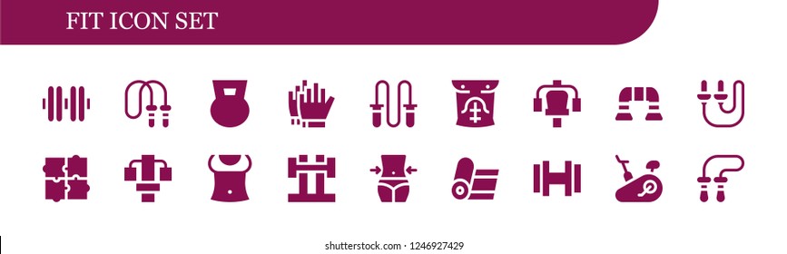 Vector icons pack of 18 filled fit icons. Simple modern icons about  - Dumbbell, Jumping rope, Football gloves, Abs, Gym station, Push up, Skip rope, Puzzle, Barbell, Fitness