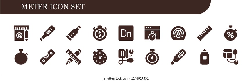 Vector icons pack of 18 filled meter icons. Simple modern icons about  - Ruler, Thermometer, Stopwatch, Dimension, Chronometer, Speedometer, Level, Blood pressure, Sphygmomanometer