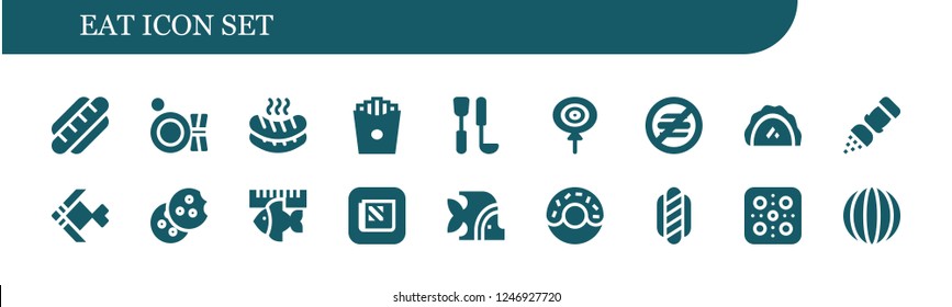 Vector icons pack of 18 filled eat icons. Simple modern icons about  - Hot dog, Plate, Sausage, French fries, Soup ladle, Candy, No food, Pastry, Salt, Fish, Cookie, Apple, Donut