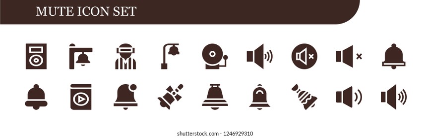 Vector icons pack of 18 filled mute icons. Simple modern icons about  - Music player, Bell, Player, Alarm bell, Volume, Mute, Media player