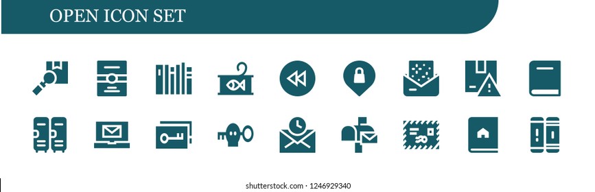 Vector icons pack of 18 filled open icons. Simple modern icons about  - Package, Postcard, Books, Canned food, Rewind, Privacy, Invitation, Book, Lockers, Email, Key, Mail, Mailbox
