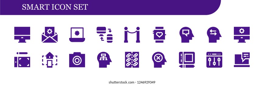 Vector icons pack of 18 filled smart icons. Simple modern icons about  - Computer, Settings, Laptop, Responsive, Line, Smartwatch, Mind, Graphic tablet, Smart home, Photo, Tablet
