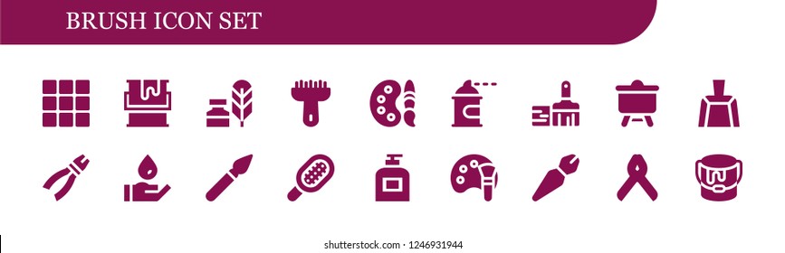 Vector icons pack of 18 filled brush icons. Simple modern icons about  - Palette, Paint, Writing tool, Brush, Paint palette, Spray paint, Paint brush, Canvas, Dustpan, Pliers