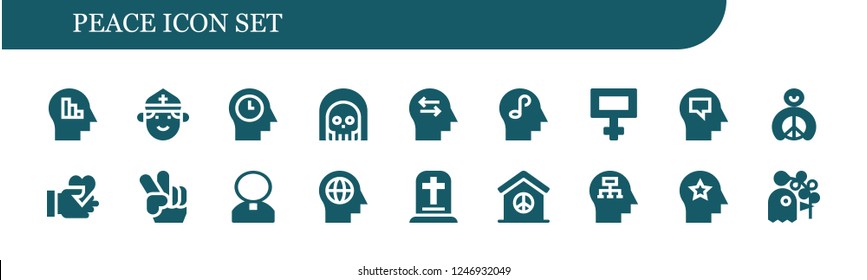 Vector icons pack of 18 filled peace icons. Simple modern icons about  - Mind, Priest, Death, Peace, Give love, Gravestone, Pigeon