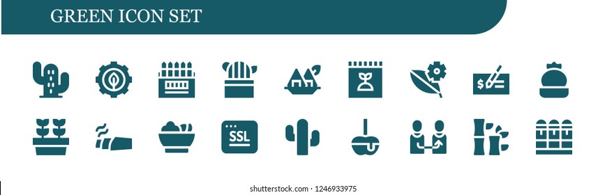 Vector icons pack of 18 filled green icons. Simple modern icons about  - Cactus, Green energy, Colored pencils, Seaweed, Fertilizer, Leaf, Check, Plants, Marijuana, Salad, Ssl