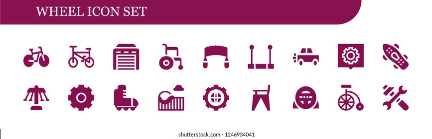 Vector icons pack of 18 filled wheel icons. Simple modern icons about  - Bike, Bicycle, Garage, Wheelchair, Saw, Trapeze, Car, Settings, Skateboard, Carousel, Roller skate, Roller coaster