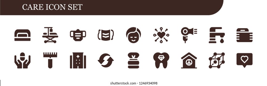 Vector icons pack of 18 filled care icons. Simple modern icons about  - Nail dryer, Hospitalization, Mask, Makeup, Heart, Hair dryer, Faucet, Gauze, Pill, Rake, Hospital, Recycle