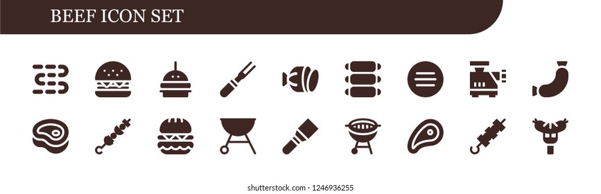 Vector icons pack of 18 filled beef icons. Simple modern icons about  - Sausages, Burger, Meat, Salami, Ribs, Meat grinder, Sausage, Brochette, Grill, Spatula, Bbq