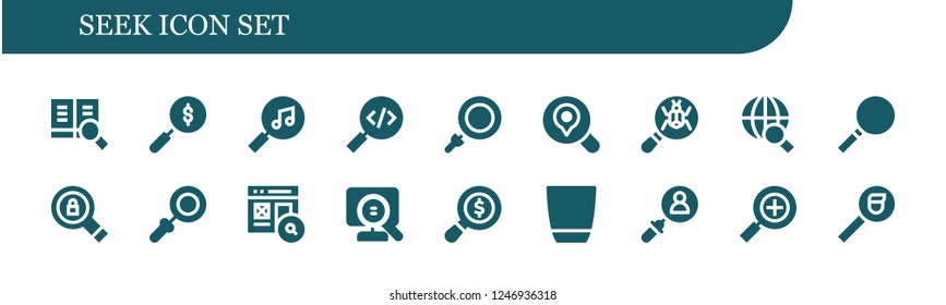 Vector icons pack of 18 filled seek icons. Simple modern icons about  - Search, Loupe, Magnifying glass, Glass
