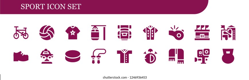 Vector Icons Pack Of 18 Filled Sport Icons. Simple Modern Icons About  - Bicycle, Volleyball, Shirt, Punching Bag, Backpack, Tshirt, Whistle, Stadium, Slide, Shoes, Car, Puck