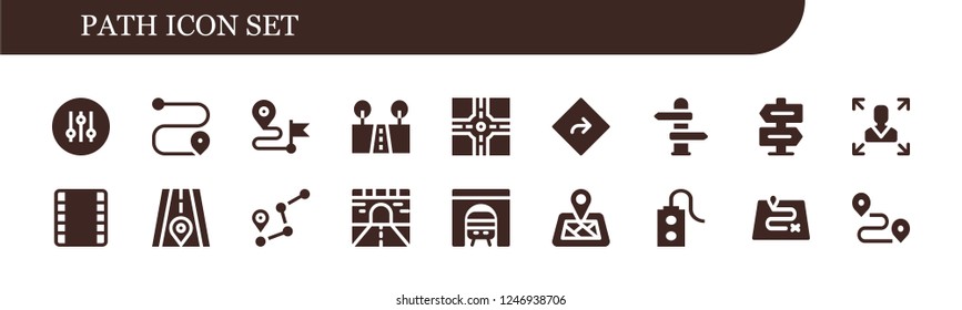 Vector icons pack of 18 filled path icons. Simple modern icons about  - Controller, Route, Direction, Street, Crossroad, Decision making, Film strip, Road, Tunnel, Location pin