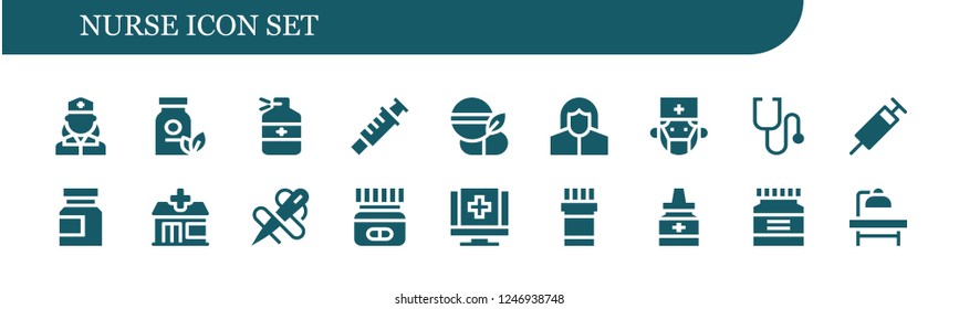 Vector icons pack of 18 filled nurse icons. Simple modern icons about  - Nurse, Medicine, Syringe, Pharmacist, Surgeon, Stethoscope, Pharmacy, Needle, Medical, Operating table